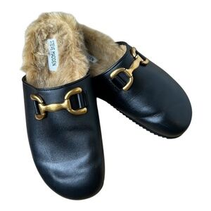 Steve Madden Masin Black Leather Faux Fur Mule Slippers 10